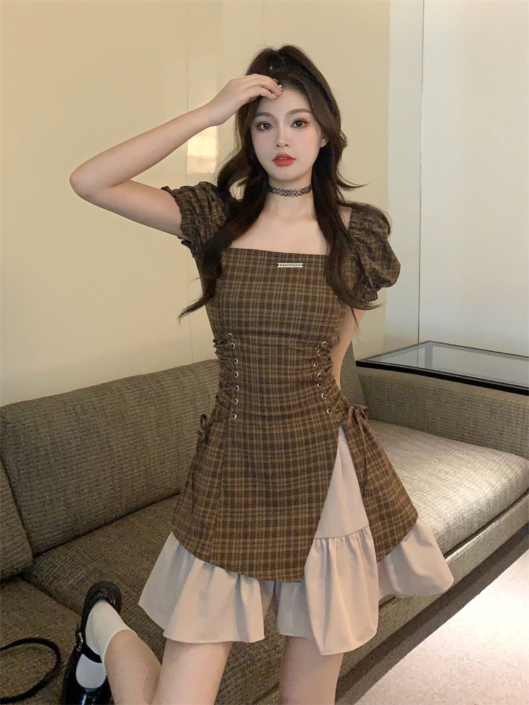 2025 Summer Brown Plaid High Waist Slim Fit Dress