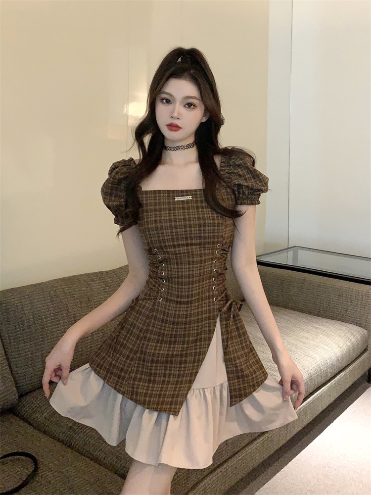 2025 Summer Brown Plaid High Waist Slim Fit Dress