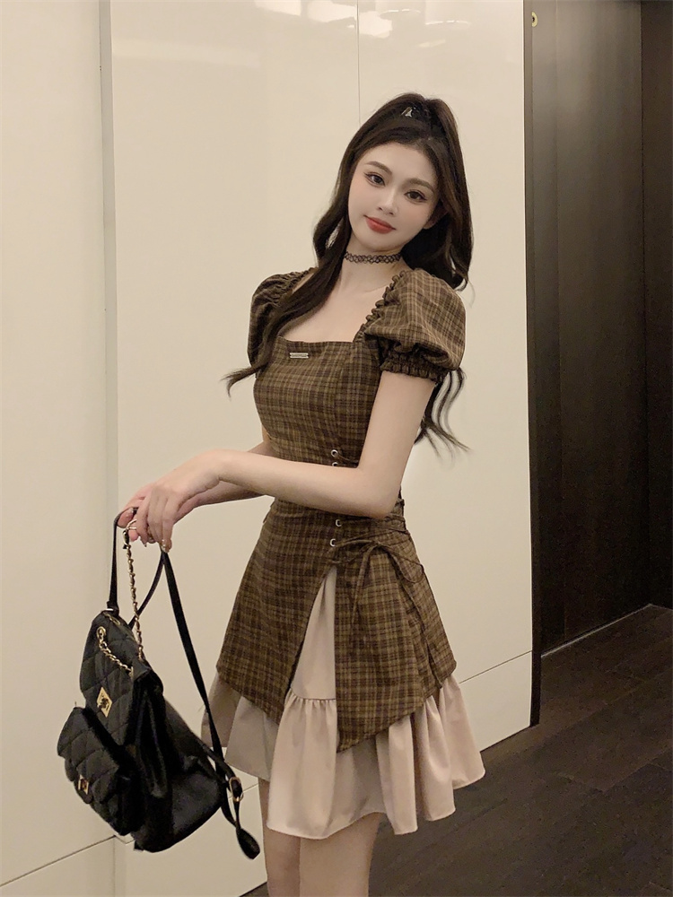2025 Summer Brown Plaid High Waist Slim Fit Dress