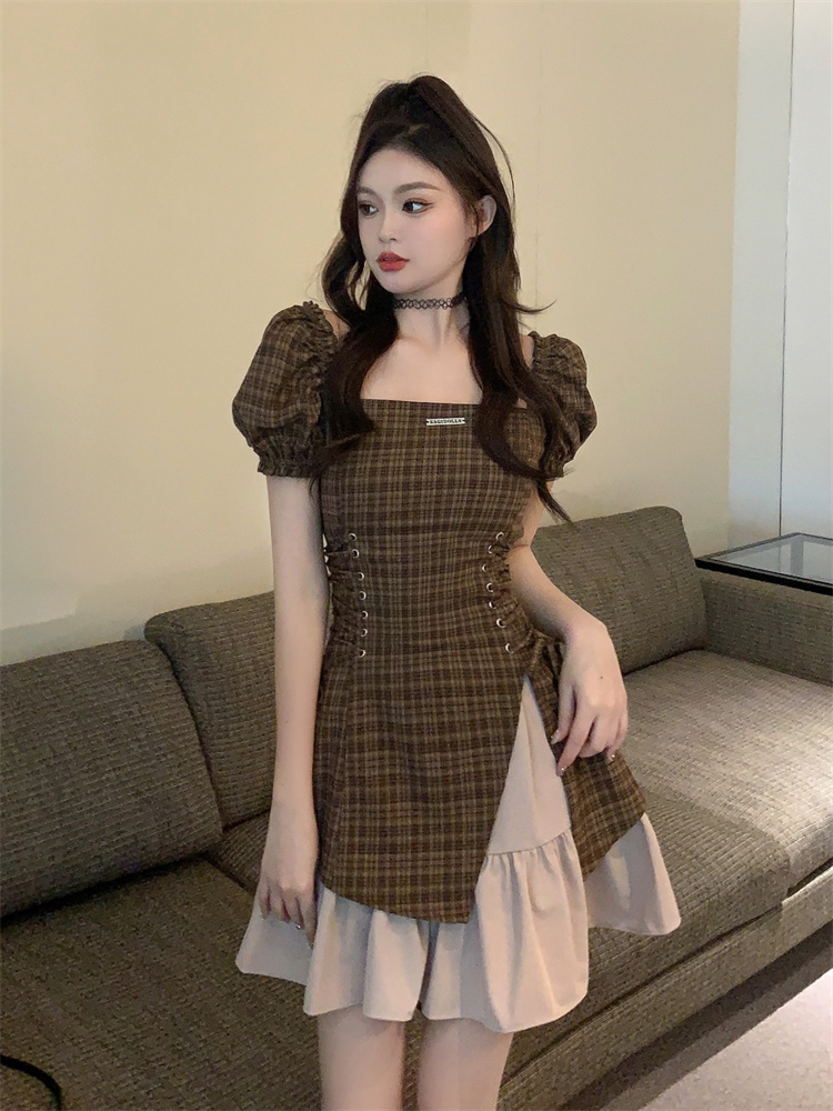 2025 Summer Brown Plaid High Waist Slim Fit Dress