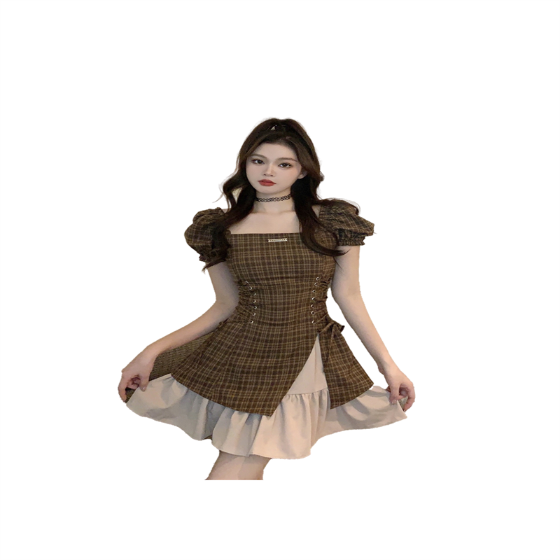 2025 Summer Brown Plaid High Waist Slim Fit Dress
