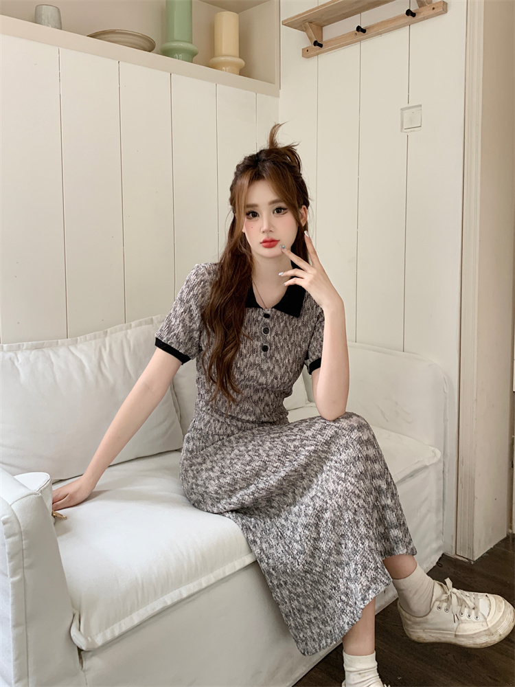 2025 Summer French Sweet Short Sleeve Dress with Polo Collar and Waist Cinching Slimming Date Dress
