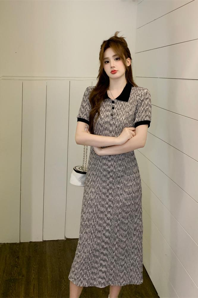 2025 Summer French Sweet Short Sleeve Dress with Polo Collar and Waist Cinching Slimming Date Dress