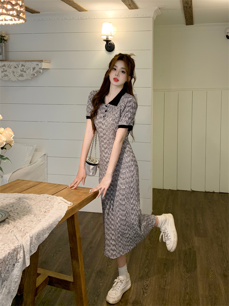 2025 Summer French Sweet Short Sleeve Dress with Polo Collar and Waist Cinching Slimming Date Dress