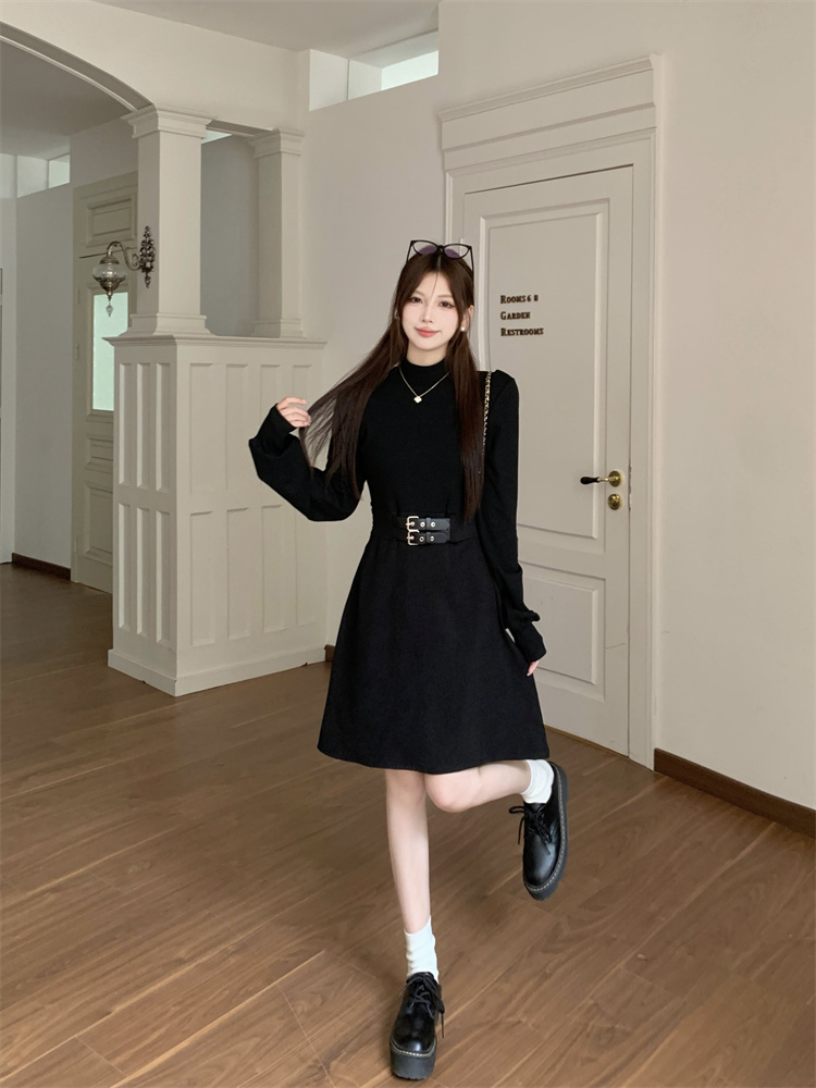 1729687114322_337501.jpg Solid Color Half Turtleneck Little Black Dress Slim Waist Fall Base Layer Dress