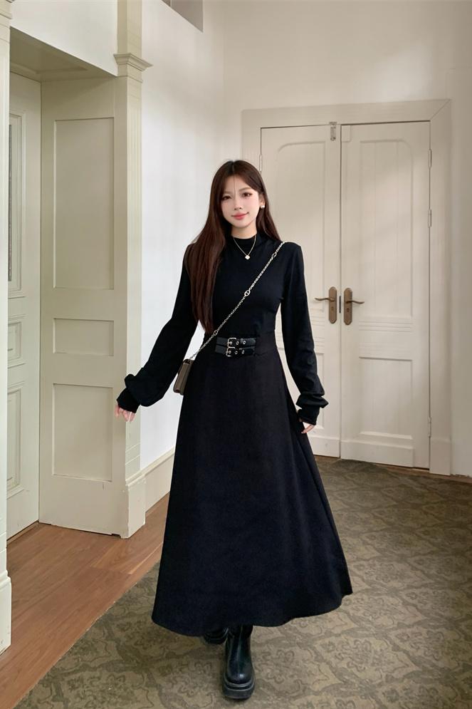 1729688132598_666552.jpg Solid Color Half Turtleneck Little Black Dress Slim Waist Fall Base Layer Dress