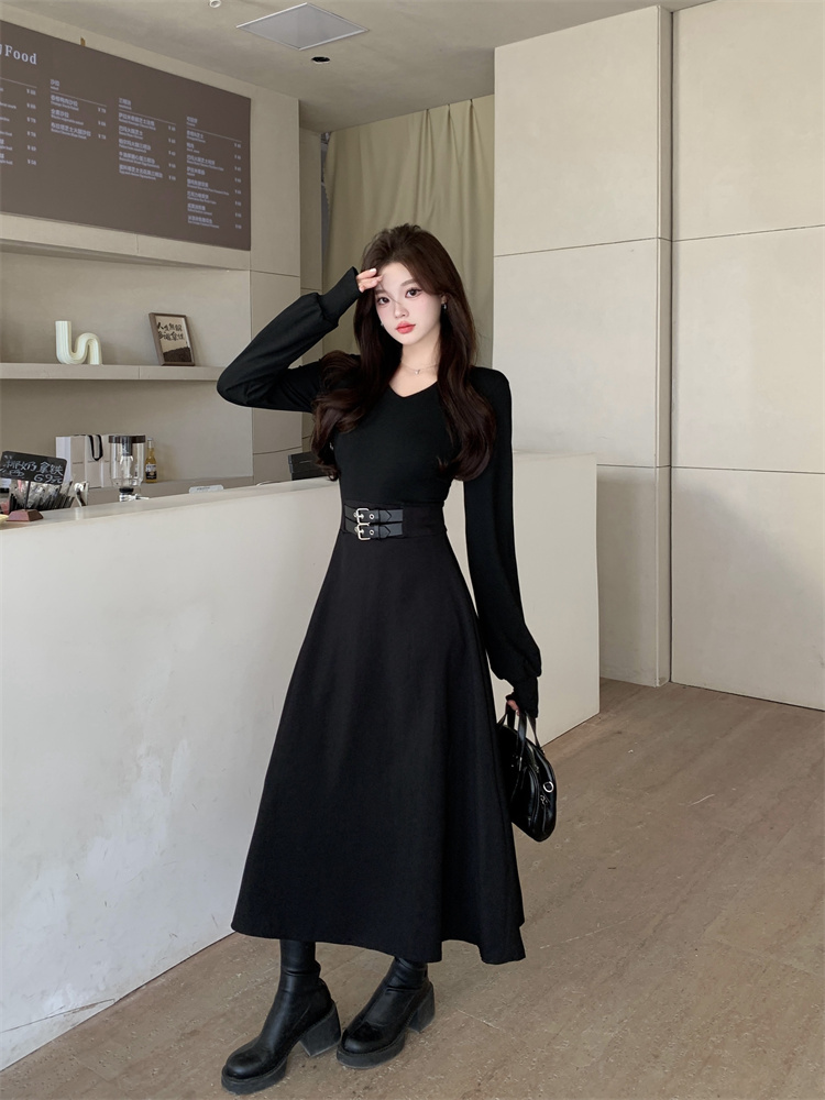 1731180536106_283317.jpg Solid V-Neck Long Sleeve Belted Black Dress for Women