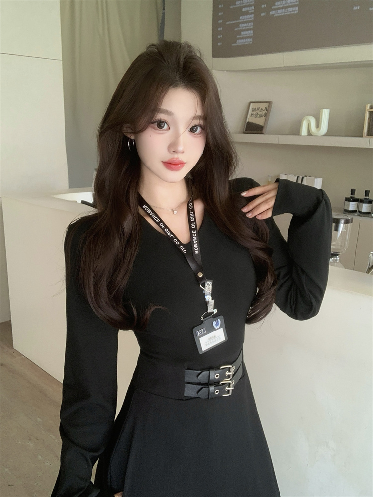 1731180543088_663358.jpg Solid V-Neck Long Sleeve Belted Black Dress for Women