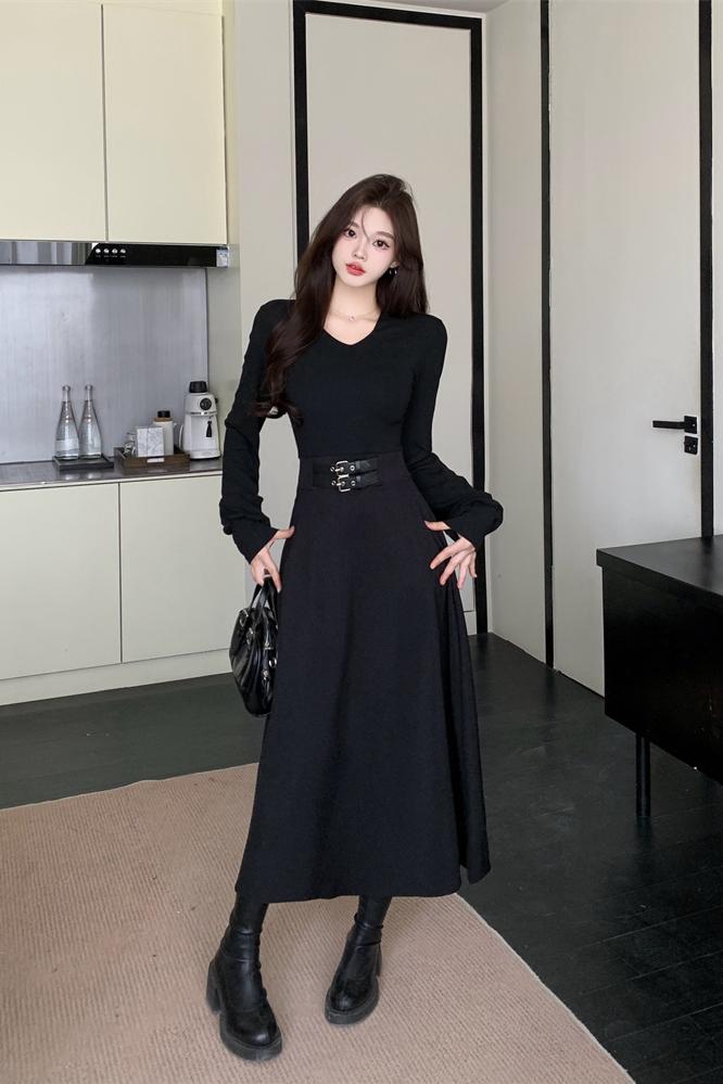 1731180819095_145060.jpg Solid V-Neck Long Sleeve Belted Black Dress for Women
