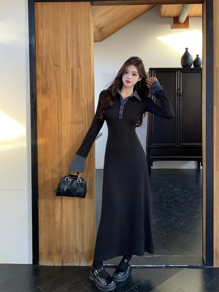 Women's Color-Block Polo Collar Knit Dress Long Sleeve Slimming Commuter