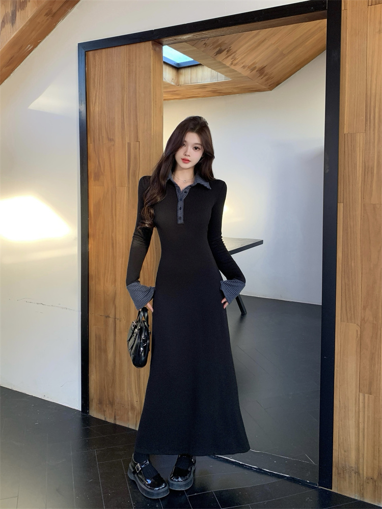 1731181928848_26812.jpg Women's Color-Block Polo Collar Knit Dress Long Sleeve Slimming Commuter