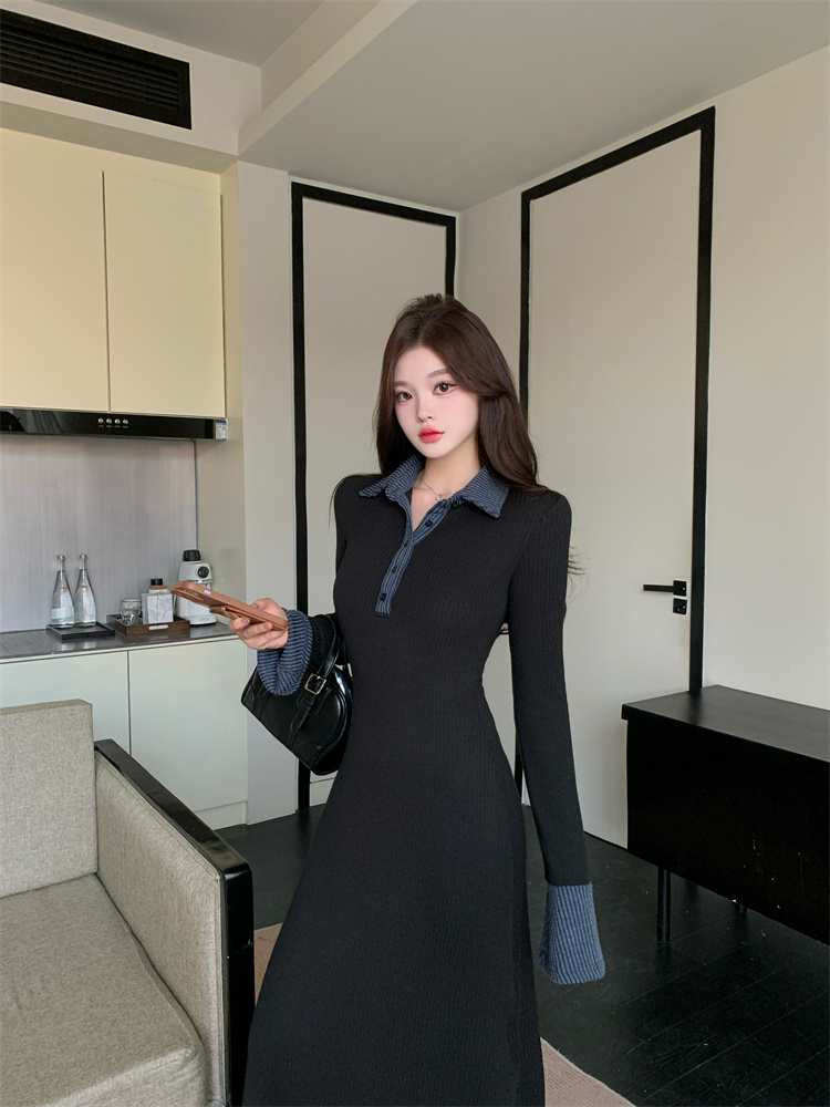 1731181939598_608573.jpg Women's Color-Block Polo Collar Knit Dress Long Sleeve Slimming Commuter