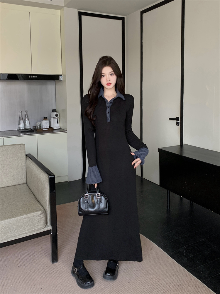 1731181947695_178005.jpg Women's Color-Block Polo Collar Knit Dress Long Sleeve Slimming Commuter