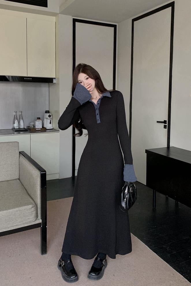 1731181962828_406444.jpg Women's Color-Block Polo Collar Knit Dress Long Sleeve Slimming Commuter
