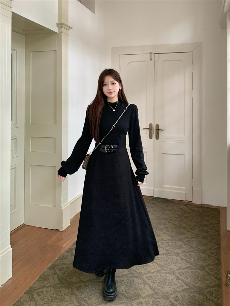 Solid Color Half Turtleneck Little Black Dress Slim Waist Fall Base Layer Dress