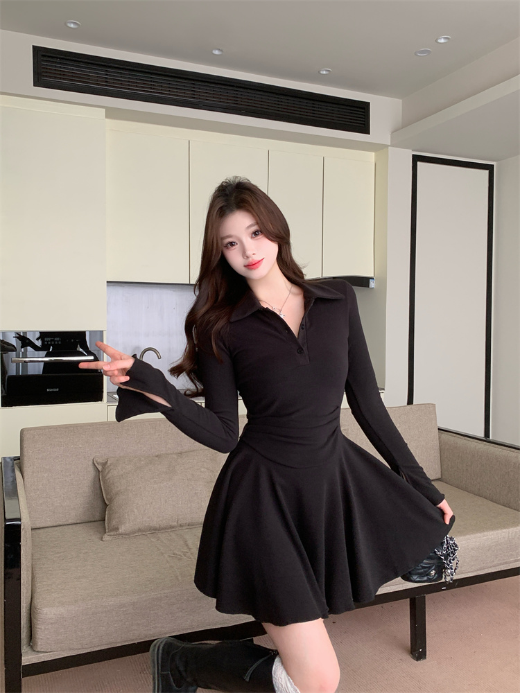 1735408013831_352357.jpg Plus Size Women's Black Knit Long Sleeve Polo Collar Dress Slim Fit Short Dress