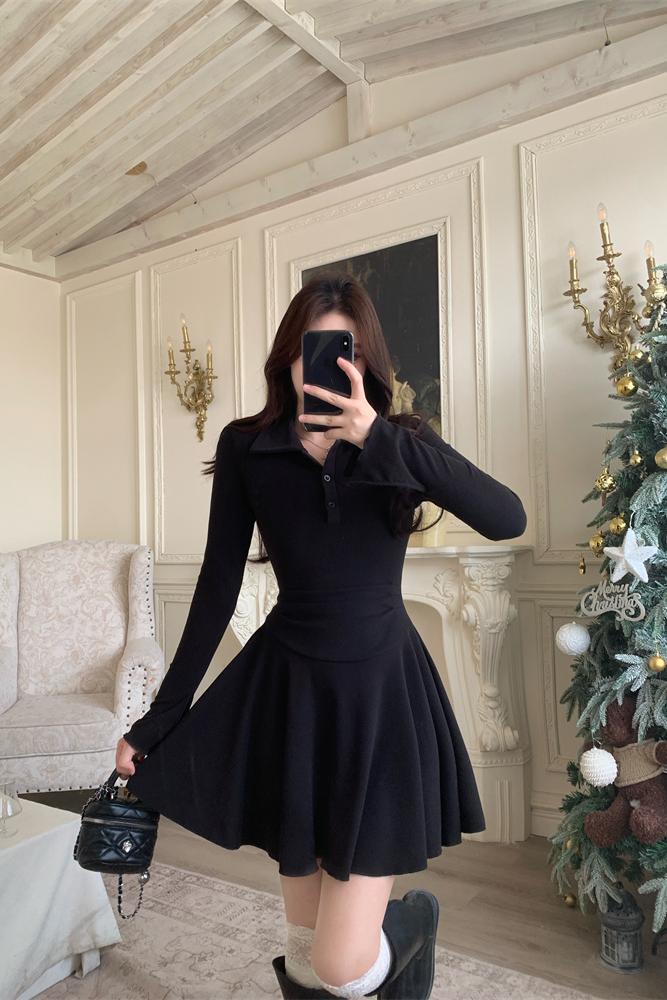1735408091024_622779.jpg Plus Size Women's Black Knit Long Sleeve Polo Collar Dress Slim Fit Short Dress