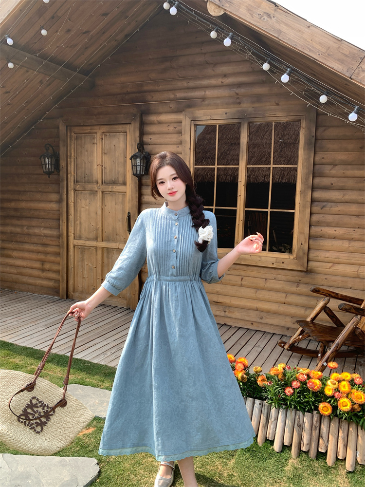 1740915637526_804496.jpg 100% Cotton Jacquard Midi Dress with Accordion Pleats Chinese Literary Style