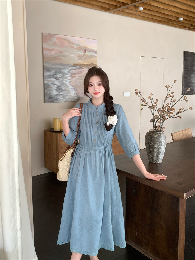 100% Cotton Jacquard Midi Dress with Accordion Pleats Chinese Literary Style