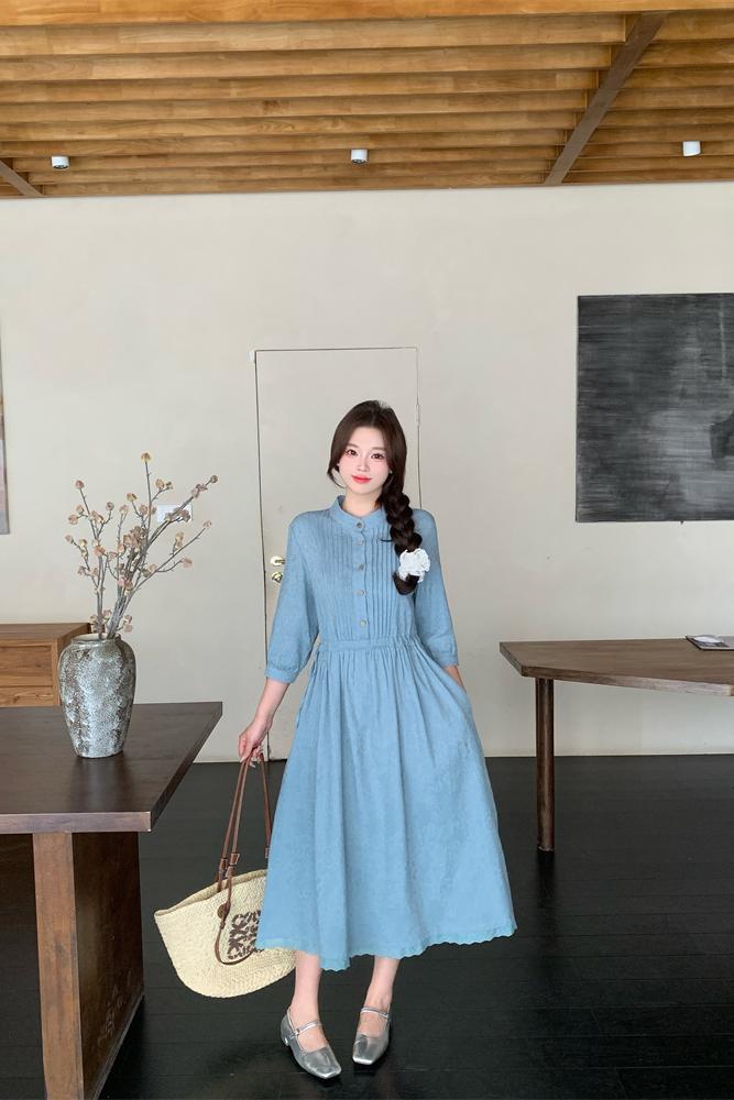 1740916232514_301557.jpg 100% Cotton Jacquard Midi Dress with Accordion Pleats Chinese Literary Style