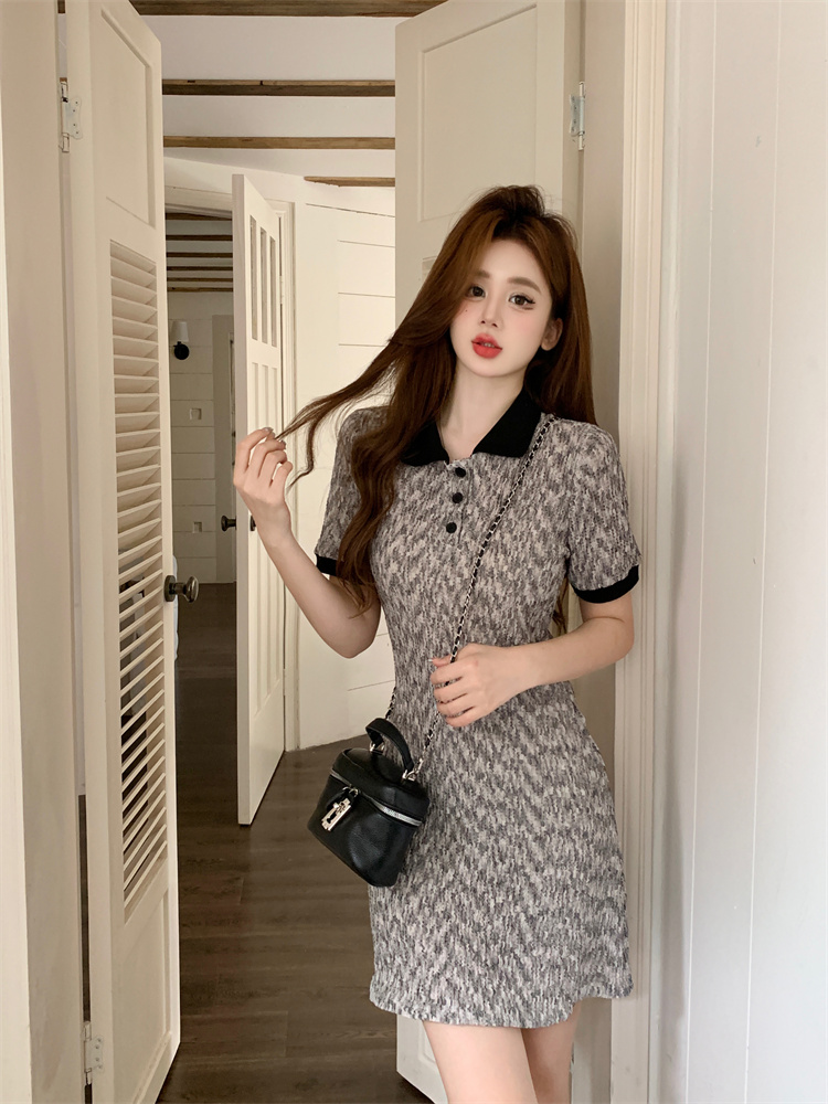 2025 Summer French Sweet Short Sleeve Dress with Polo Collar and Waist Cinching Slimming Date Dress