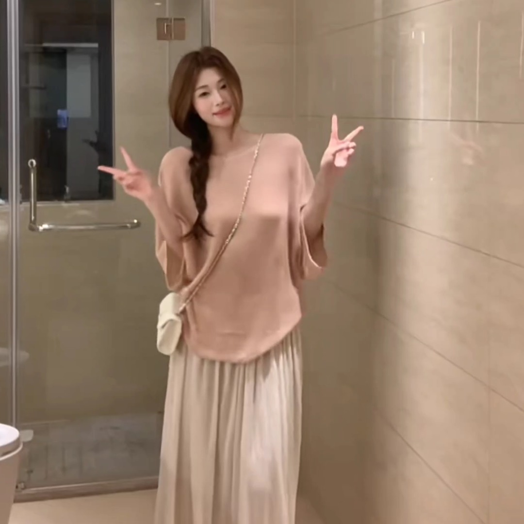 1749628137378_jOSAEL.jpg Tencel Linen Knit Top and Skirt Set with Batwing Sleeves