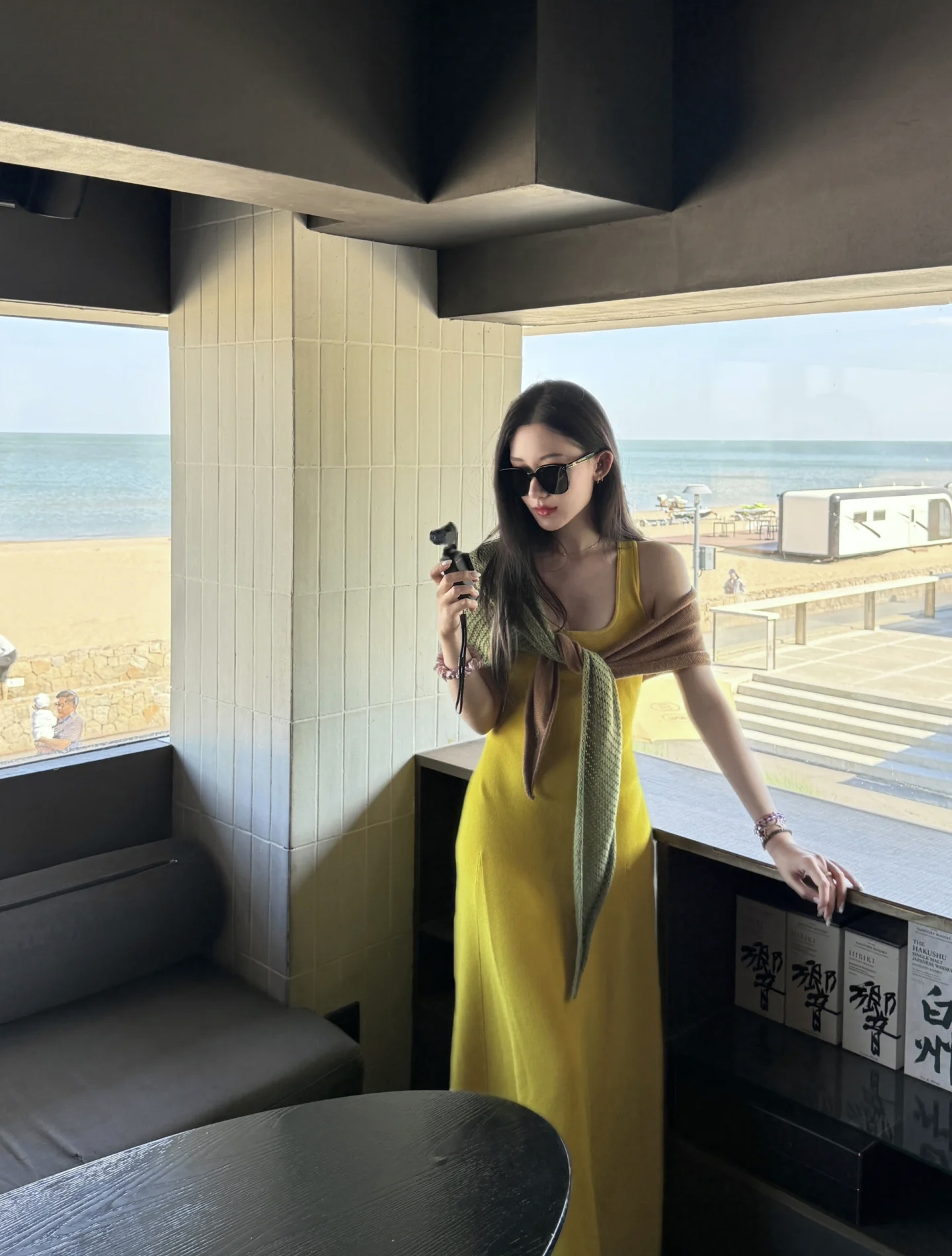 1749711049606_Bb05F9.jpg Korean Style Yellow Cami Dress Two-Piece Set with Green Shawl