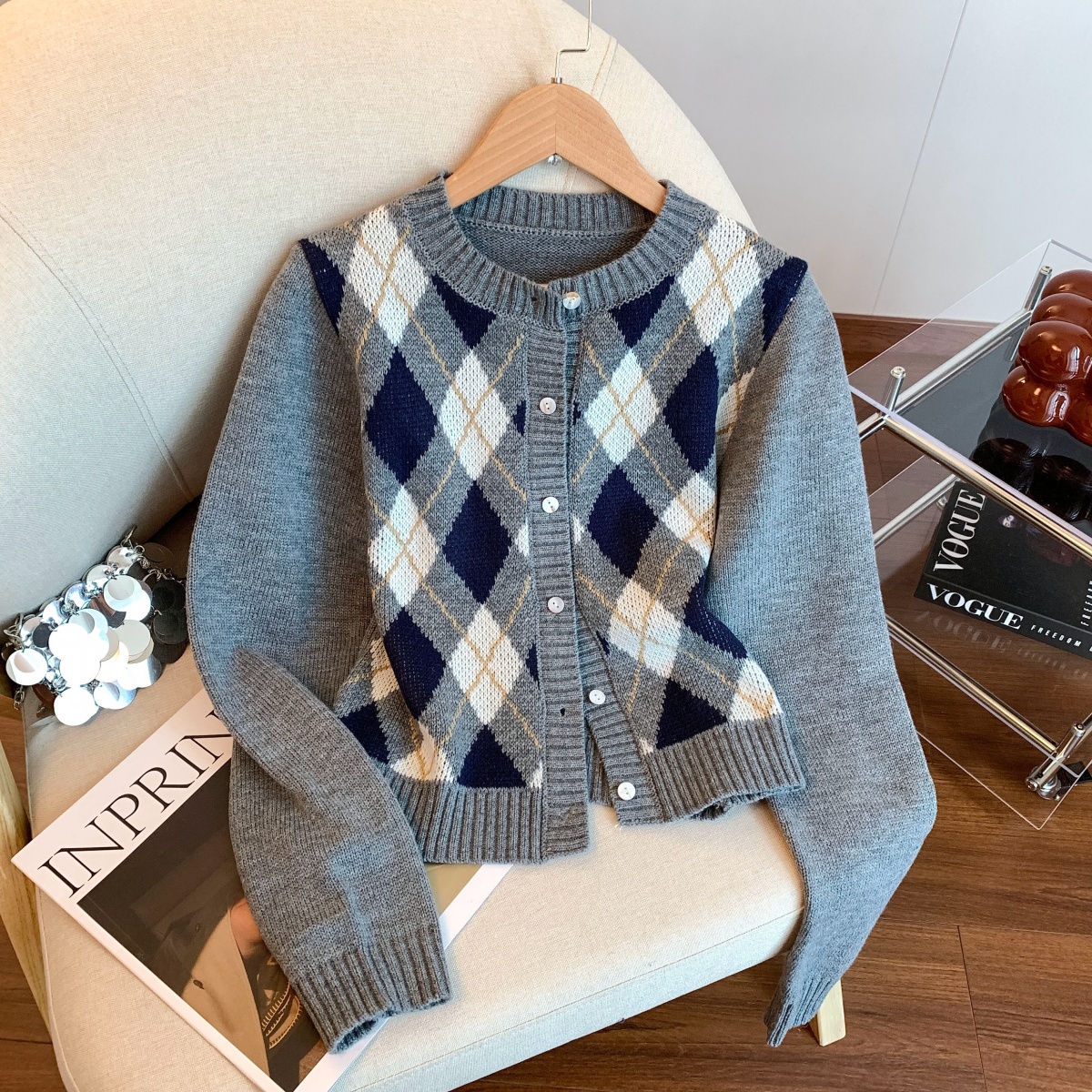 Women's Diamond Knit Cardigan Fall 2026 Casual Round Neck