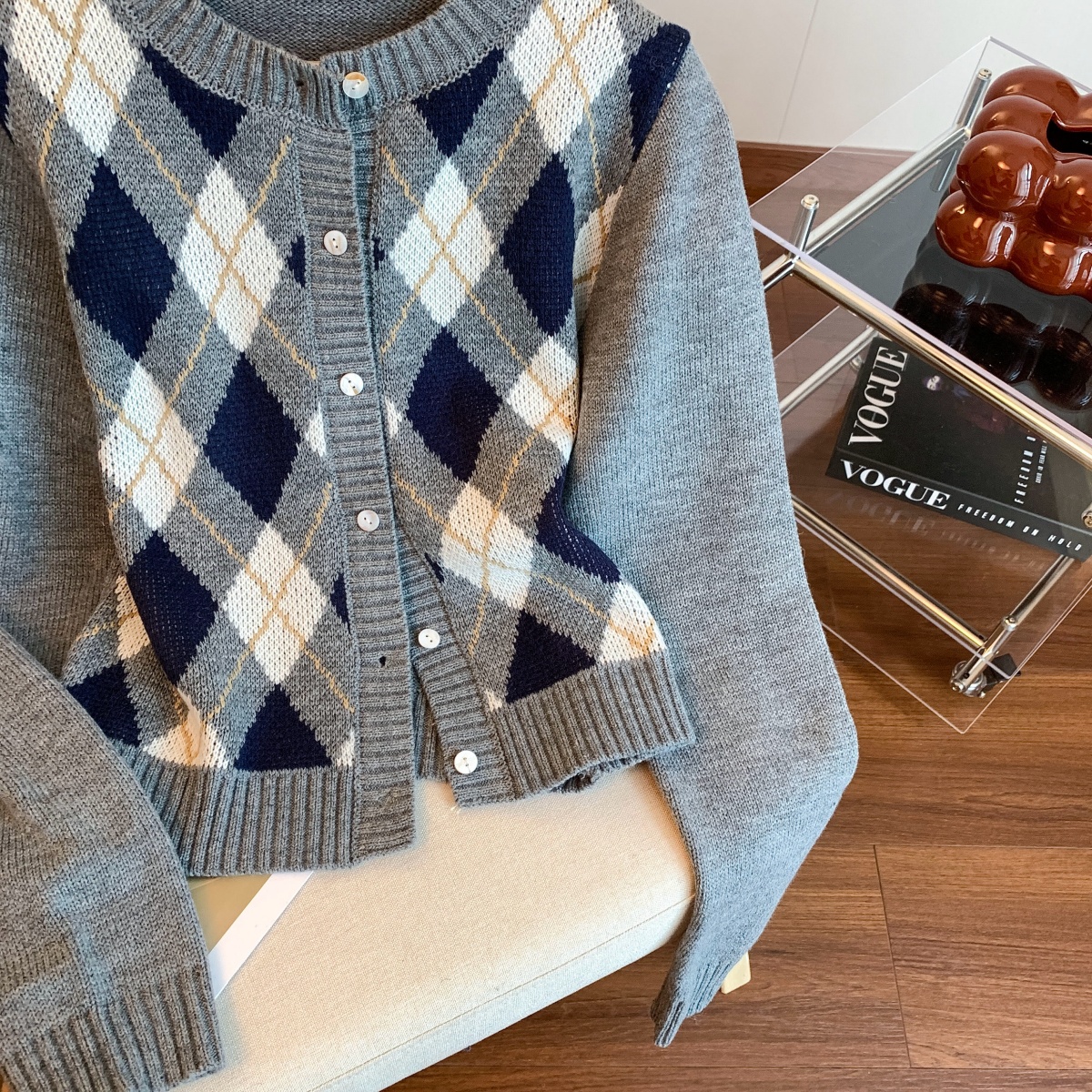 Women's Diamond Knit Cardigan Fall 2026 Casual Round Neck