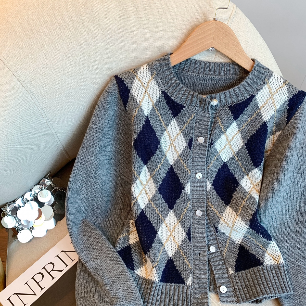 Women's Diamond Knit Cardigan Fall 2026 Casual Round Neck