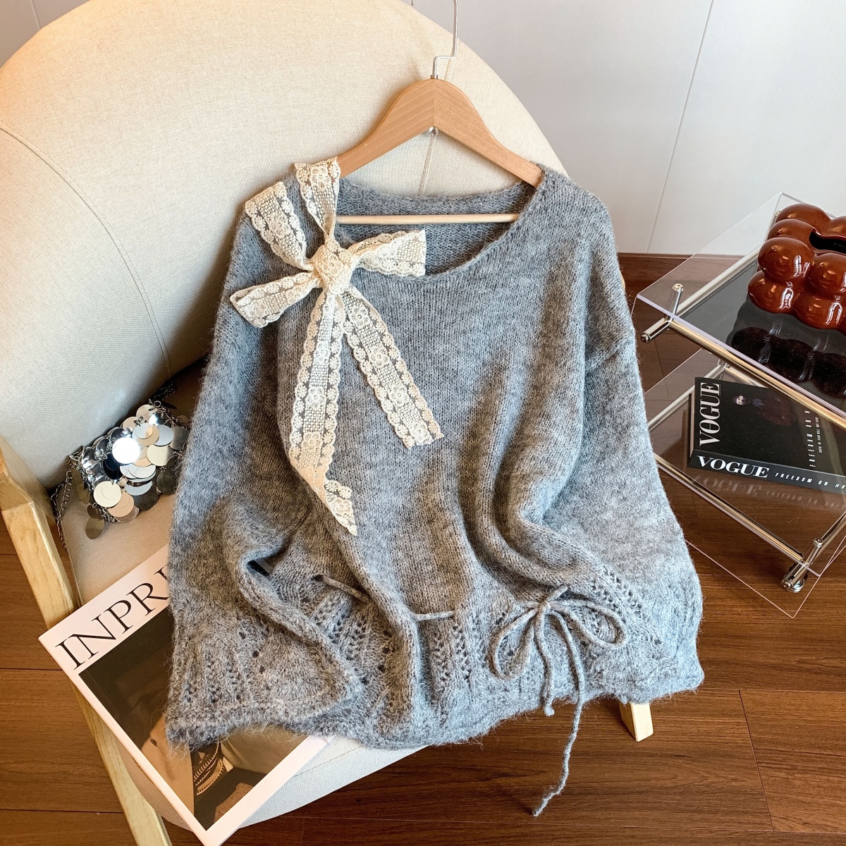 1757609530392_qmw3gD.jpg Women's Solid Color Bow Ribbon Knit Sweater Fall Winter Loose Fit Comfortable Top
