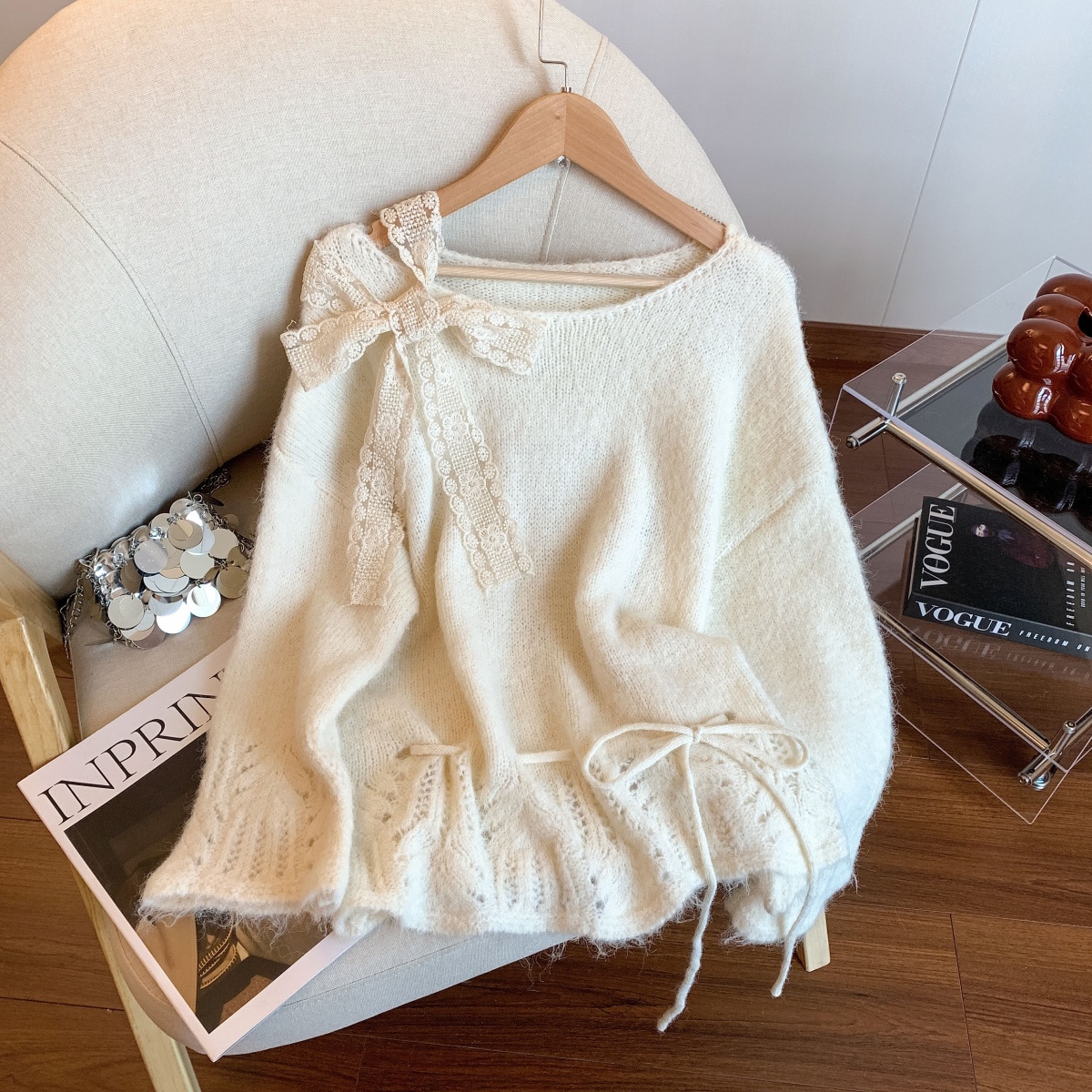 Women's Solid Color Bow Ribbon Knit Sweater Fall Winter Loose Fit Comfortable Top
