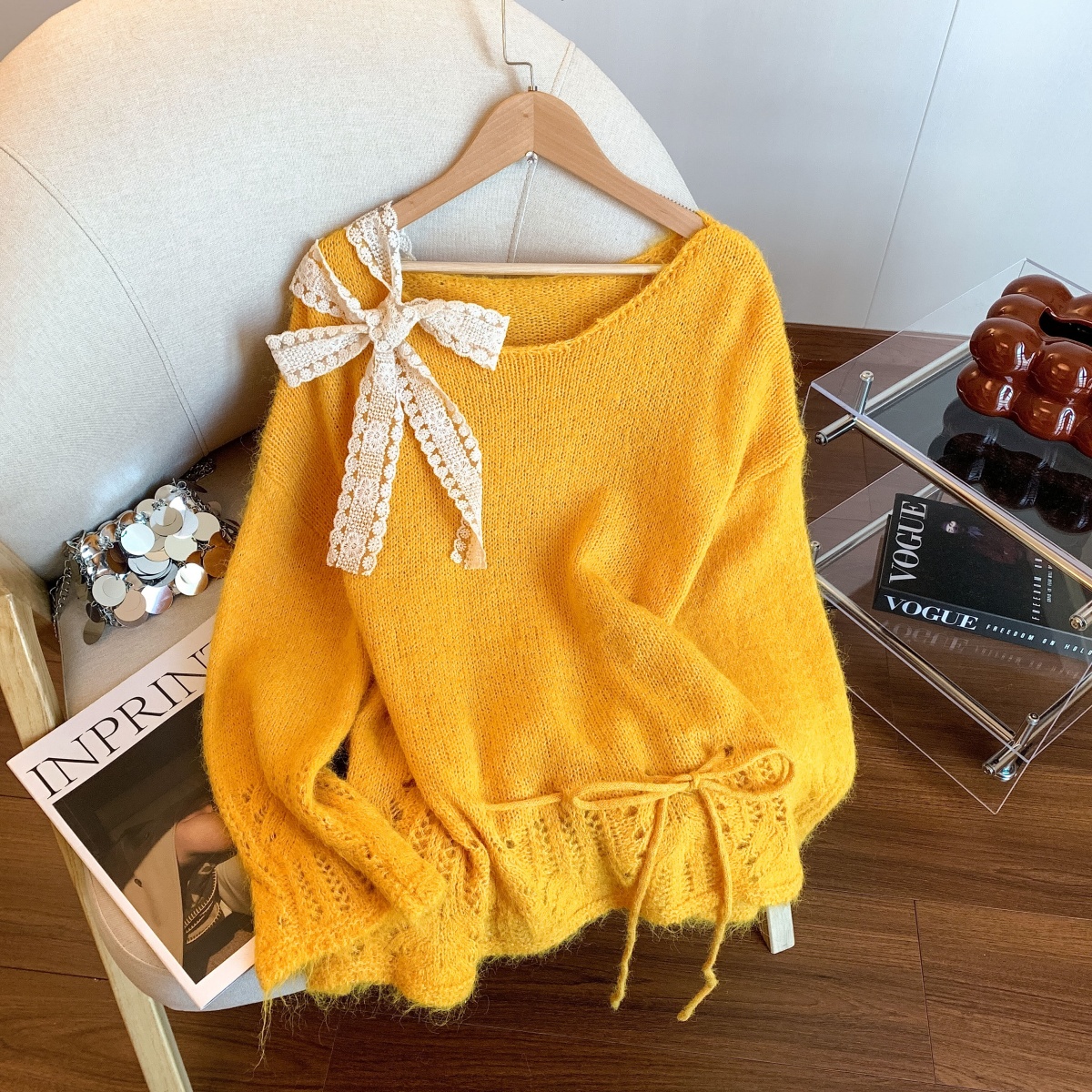 1757609530396_WUjF1u.jpg Women's Solid Color Bow Ribbon Knit Sweater Fall Winter Loose Fit Comfortable Top