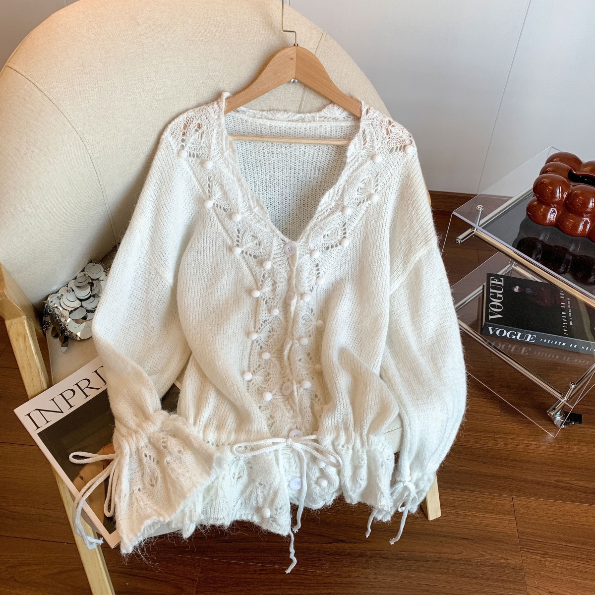 1757708365927_Qgn9Aw.jpg Women's V-Neck Open-Front Hollow Knit Cardigan Top Loose Fit Casual Fall Spring