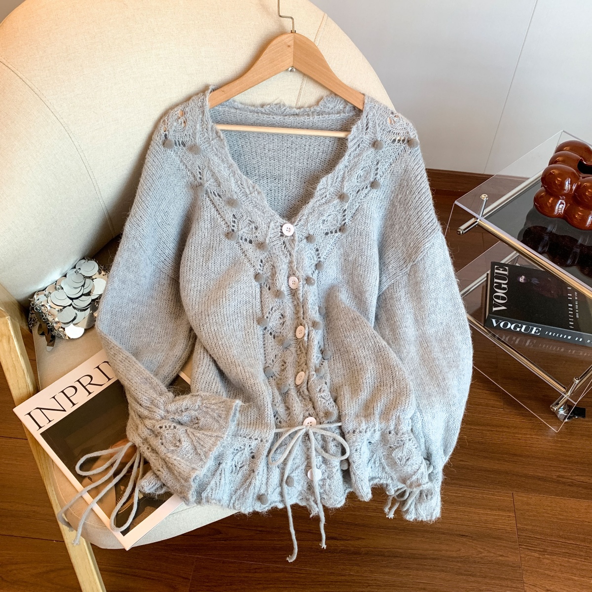 1757708365997_NUbAbq.jpg Women's V-Neck Open-Front Hollow Knit Cardigan Top Loose Fit Casual Fall Spring