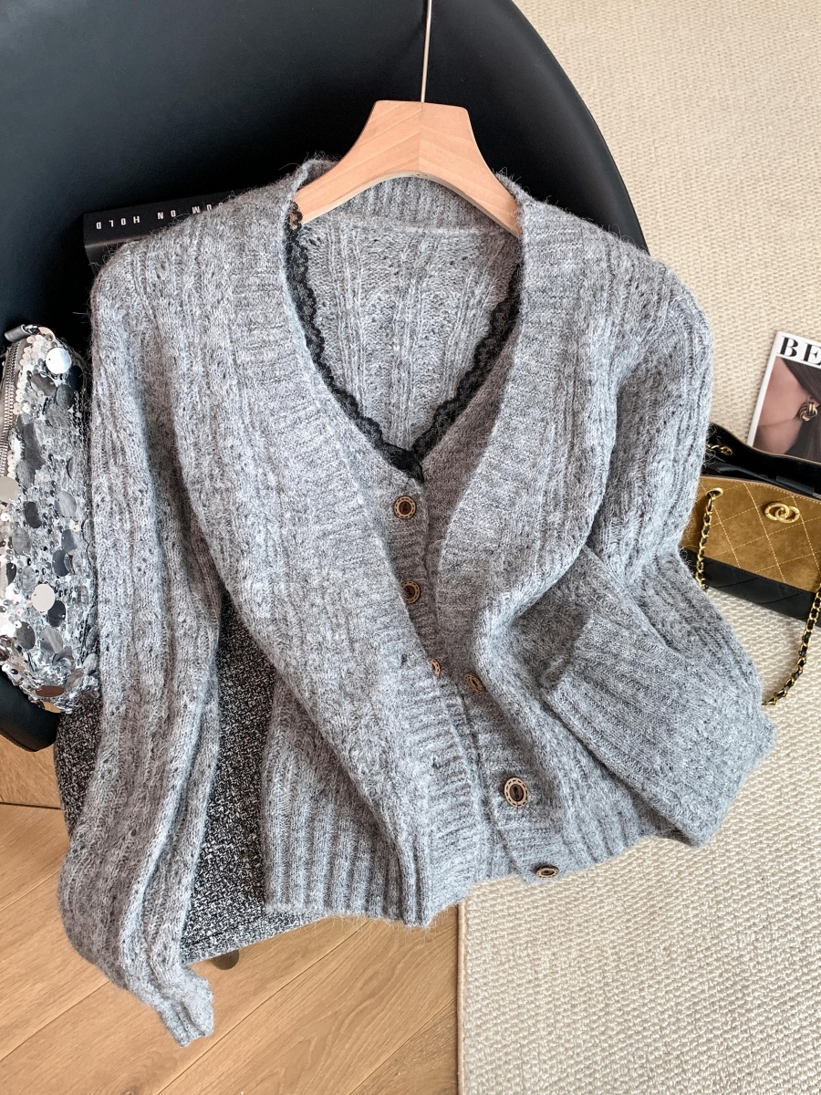 Women's Faux Two-Piece Halter Cardigan with Lace Trim and Fuzzy Knit - Gray
