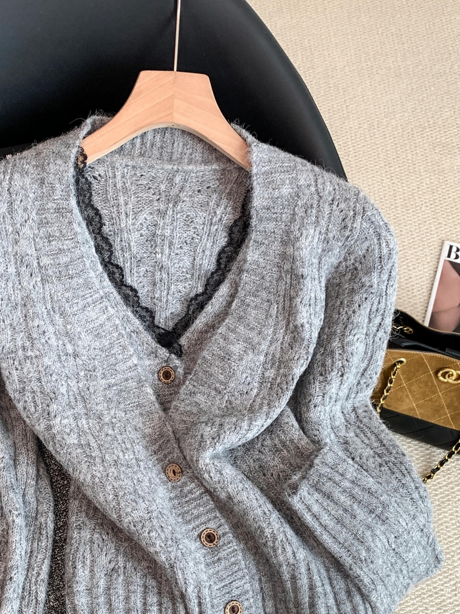 1763396596356_ALNnfq.jpg Women's Faux Two-Piece Halter Cardigan with Lace Trim and Fuzzy Knit - Gray