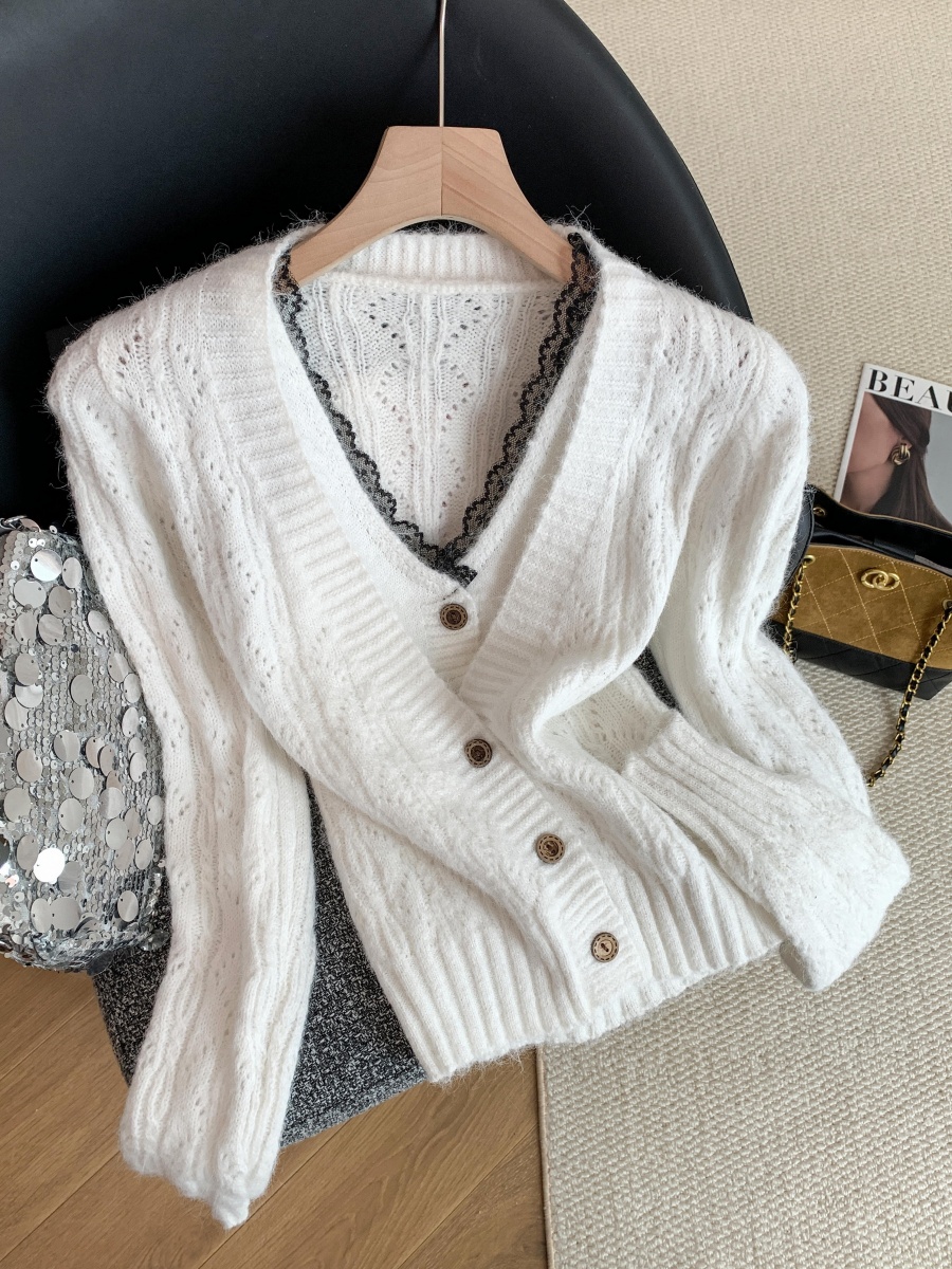 1763396899982_ET024j.jpg Women's Faux Two-Piece Halter Cardigan with Lace Trim and Fuzzy Knit - Gray