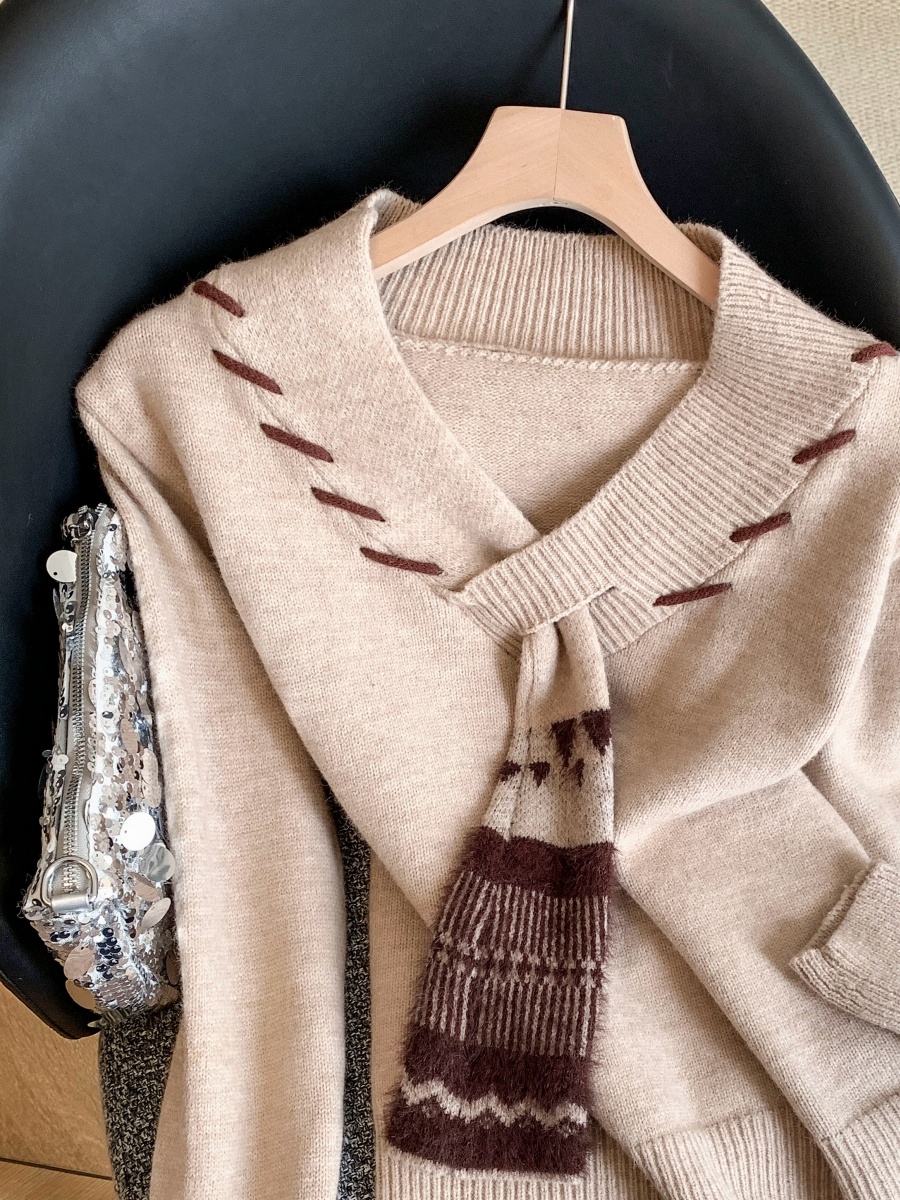 1763656994241_7a8t17.jpg 2026 Autumn Korean Retro Knit Sweater with Scarf Collar for Women