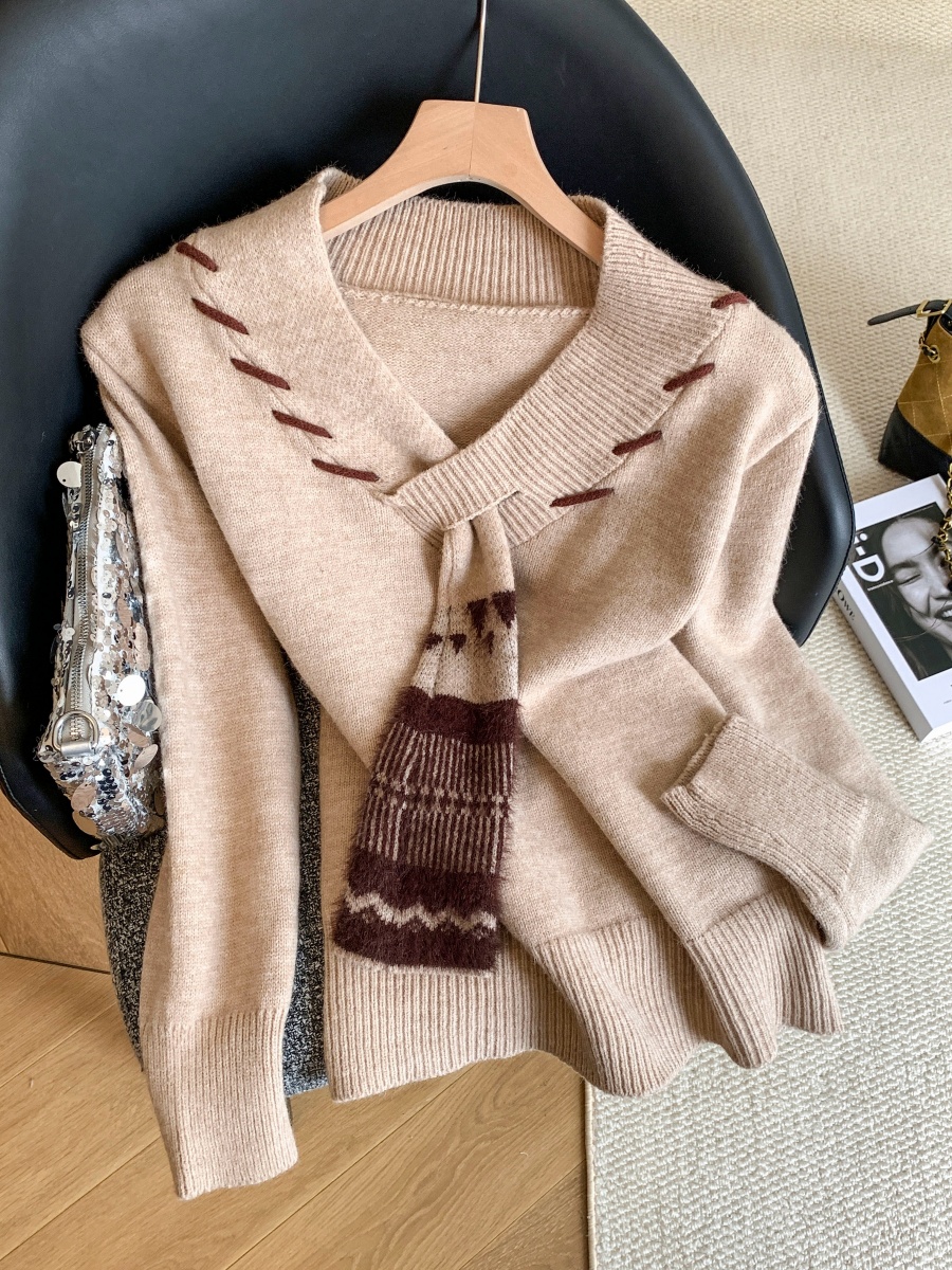 2026 Autumn Korean Retro Knit Sweater with Scarf Collar for Women