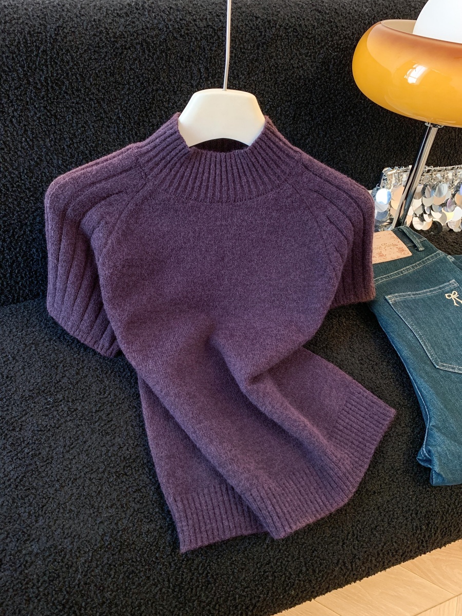 Women's Half Turtleneck Knit Top Short Sleeve Slim Fit Fall Winter 2026
