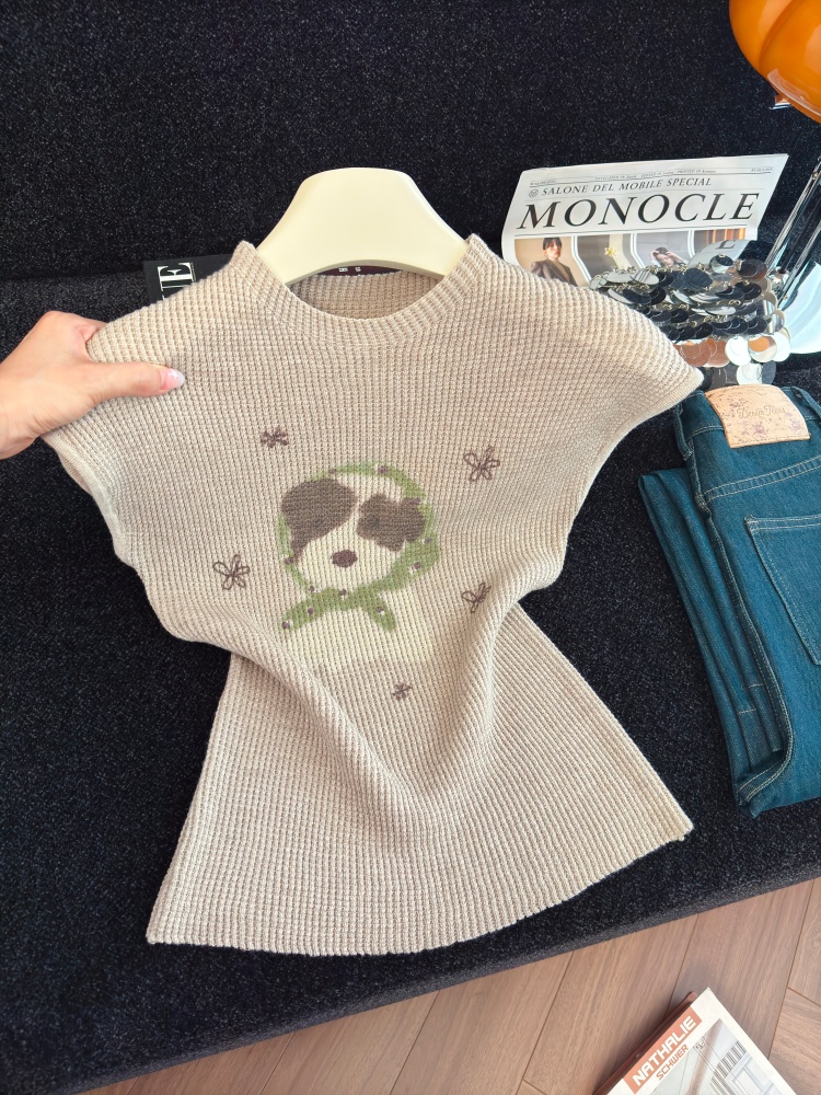 Cartoon Knit Top Women's Fall Short Sleeve Slimming Pullover