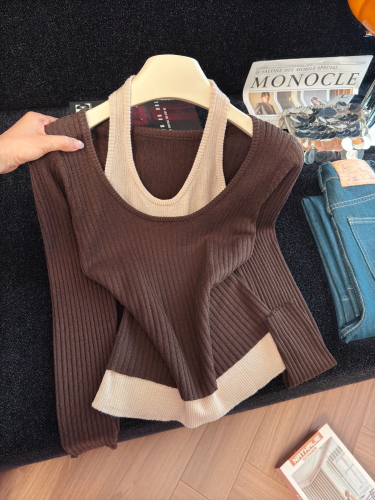Women's Faux Two-Piece Knit Top Sexy Halter Slimming Long Sleeve