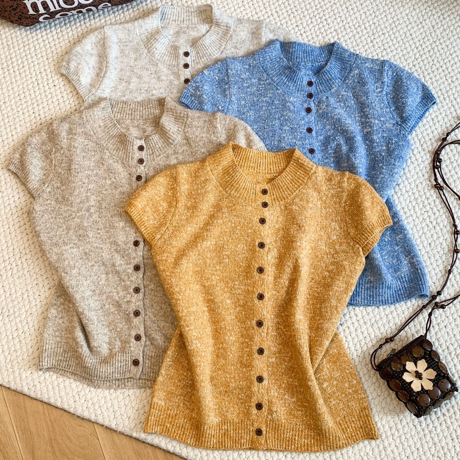 1787464288591_XOZZDk.jpg Old Money Half-Turtleneck Speckled Petal-Sleeve Buttoned Knit Cardigan Women 2026 Early Autumn New Slim Short Top
