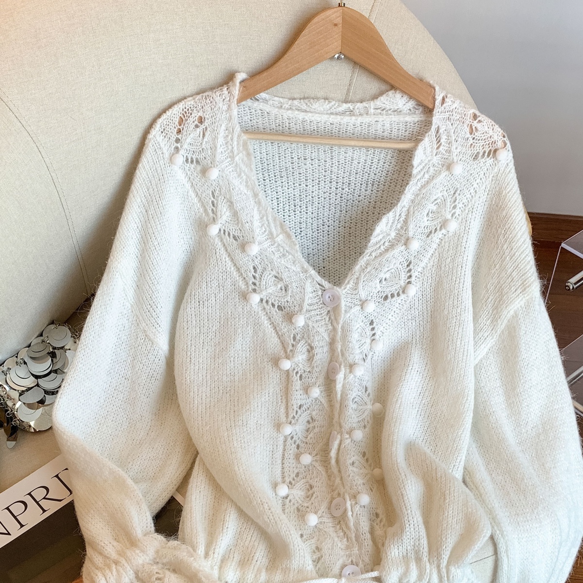 1787488770819_oryOXb.jpg Women's V-Neck Open-Front Hollow Knit Cardigan Top Loose Fit Casual Fall Spring