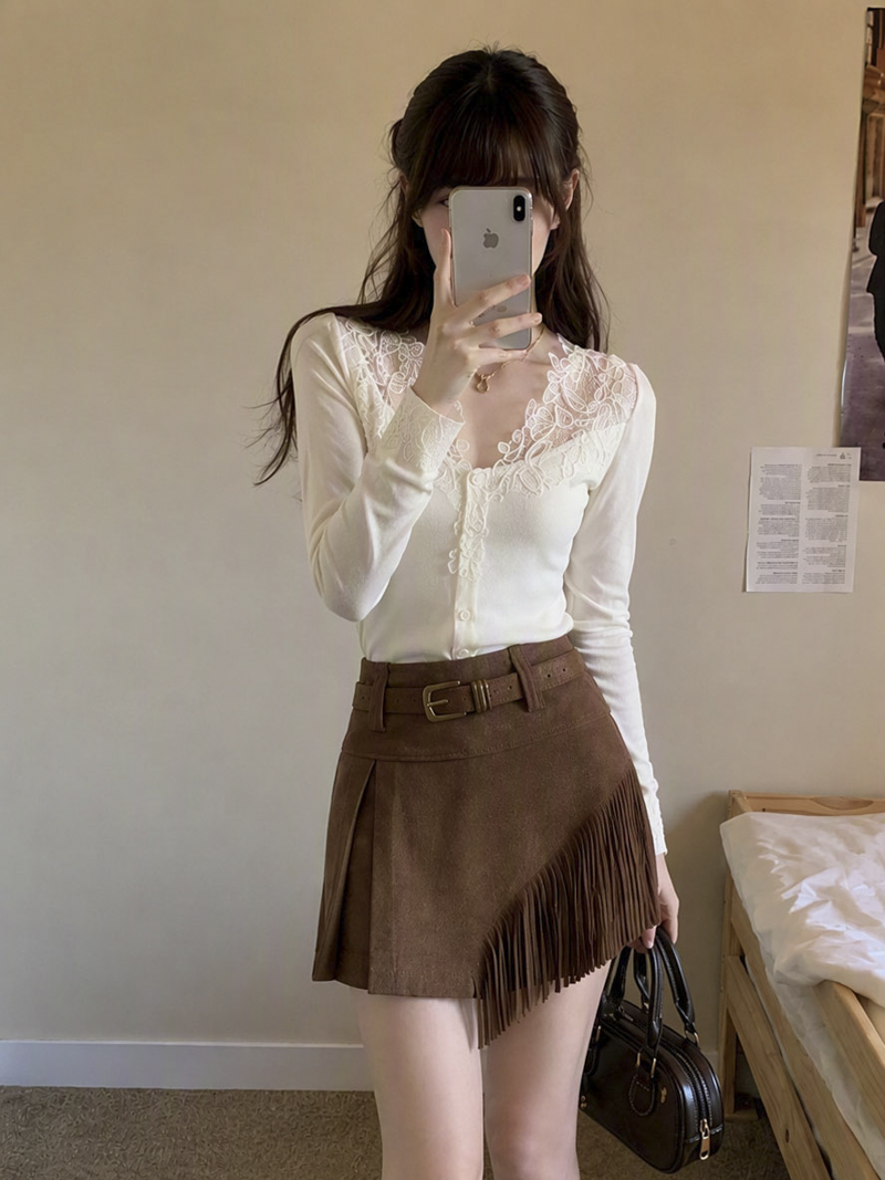 Real Photo Maillard Suede Irregular Fringe Mini Skirt Women Autumn New American Wasteland Style Bodycon Half Skirt