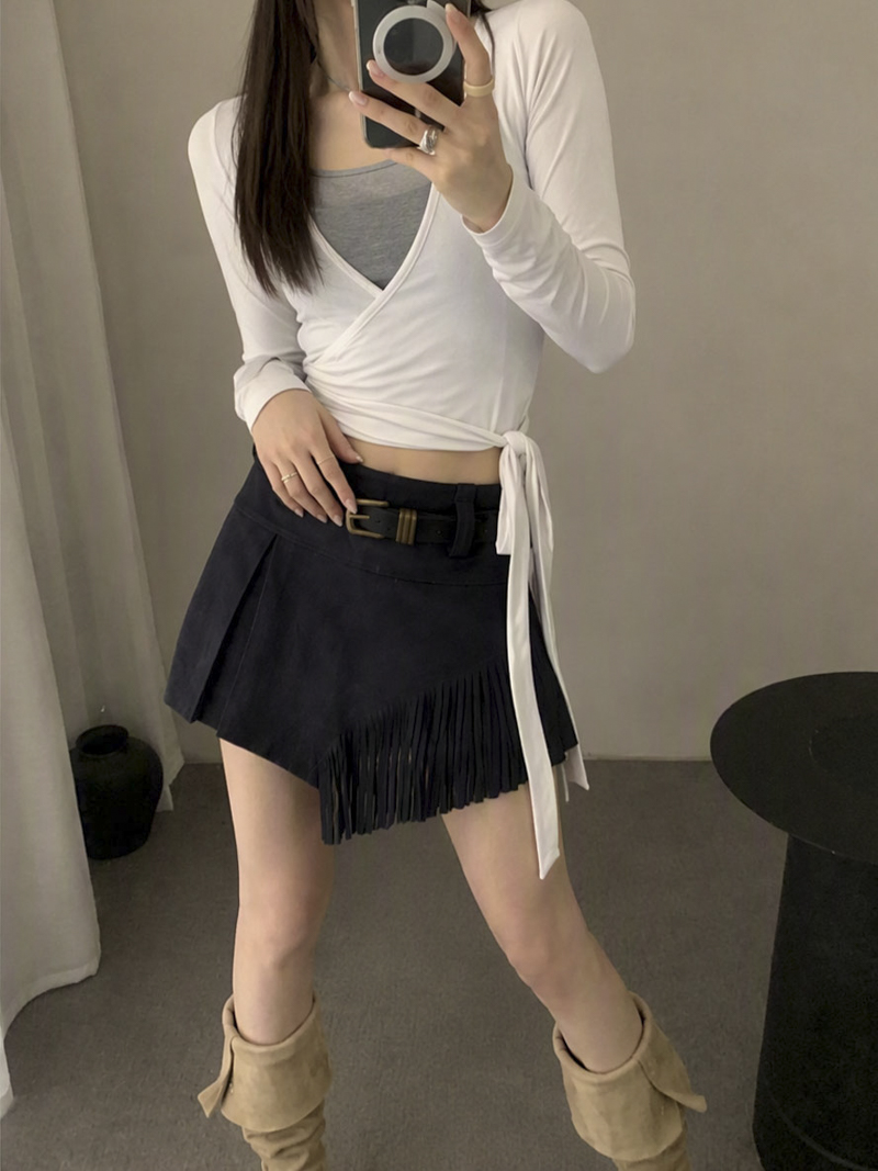 1787909780413_45JYF6.jpg Real Photo Maillard Suede Irregular Fringe Mini Skirt Women Autumn New American Wasteland Style Bodycon Half Skirt