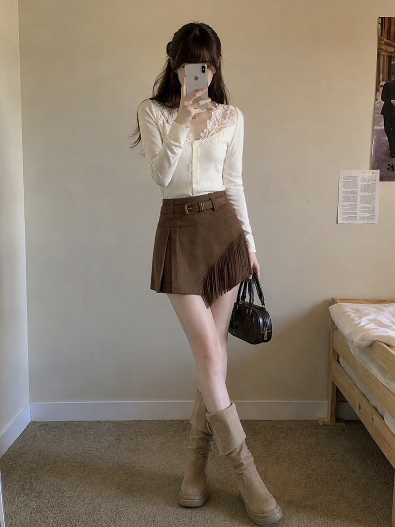 1787909780424_4YVy61.jpg Real Photo Maillard Suede Irregular Fringe Mini Skirt Women Autumn New American Wasteland Style Bodycon Half Skirt