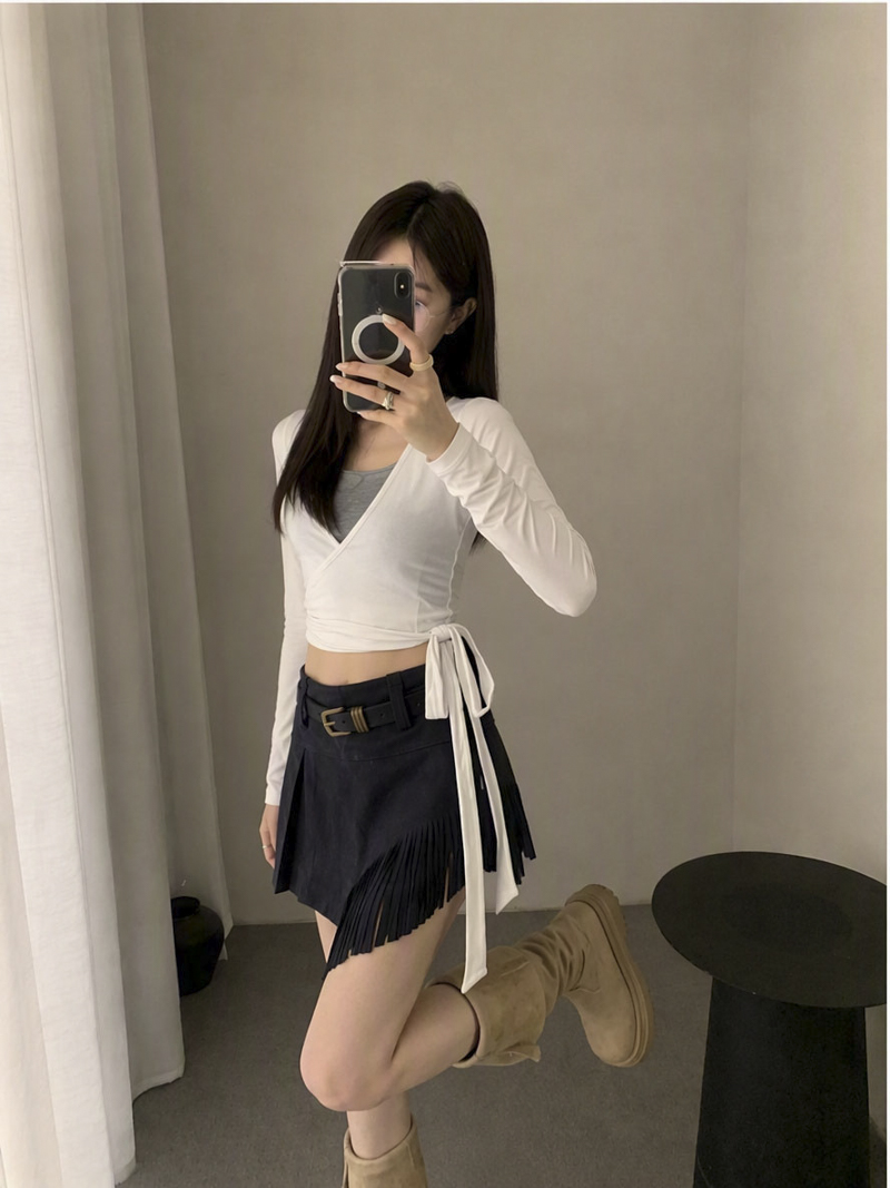 1787909780434_uupVfp.jpg Real Photo Maillard Suede Irregular Fringe Mini Skirt Women Autumn New American Wasteland Style Bodycon Half Skirt