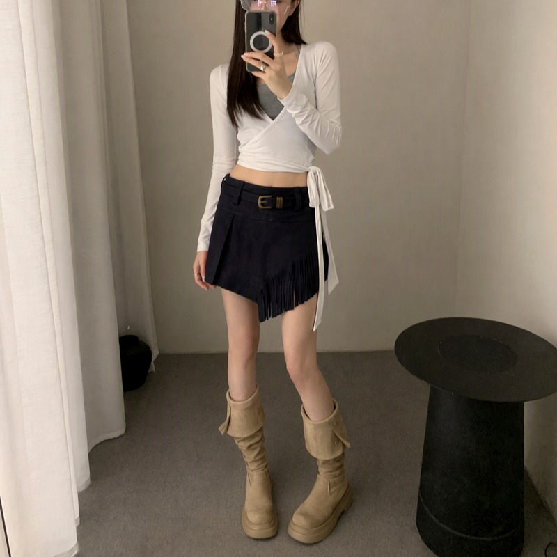 1787909791274_f6uIC6.jpg Real Photo Maillard Suede Irregular Fringe Mini Skirt Women Autumn New American Wasteland Style Bodycon Half Skirt